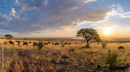 Panoramic Savannah Sunset with Grazing Herds and Acacia Trees - The Harmony of a Thriving Terrestrial Ecosystem