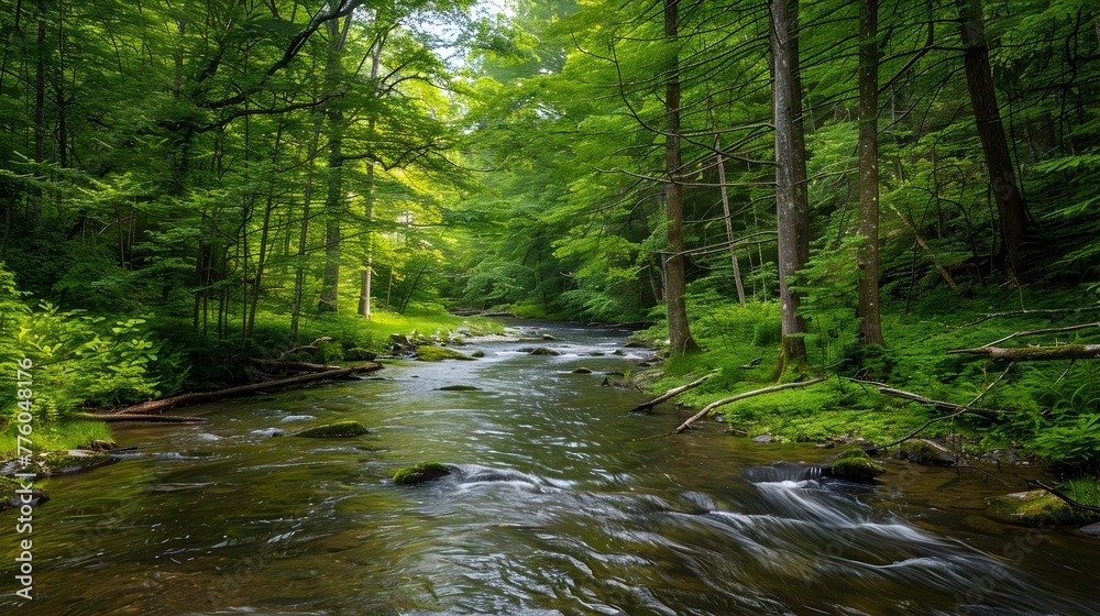 Fototapeta premium Lush Forested River Flowing Through Serene Natural Landscape