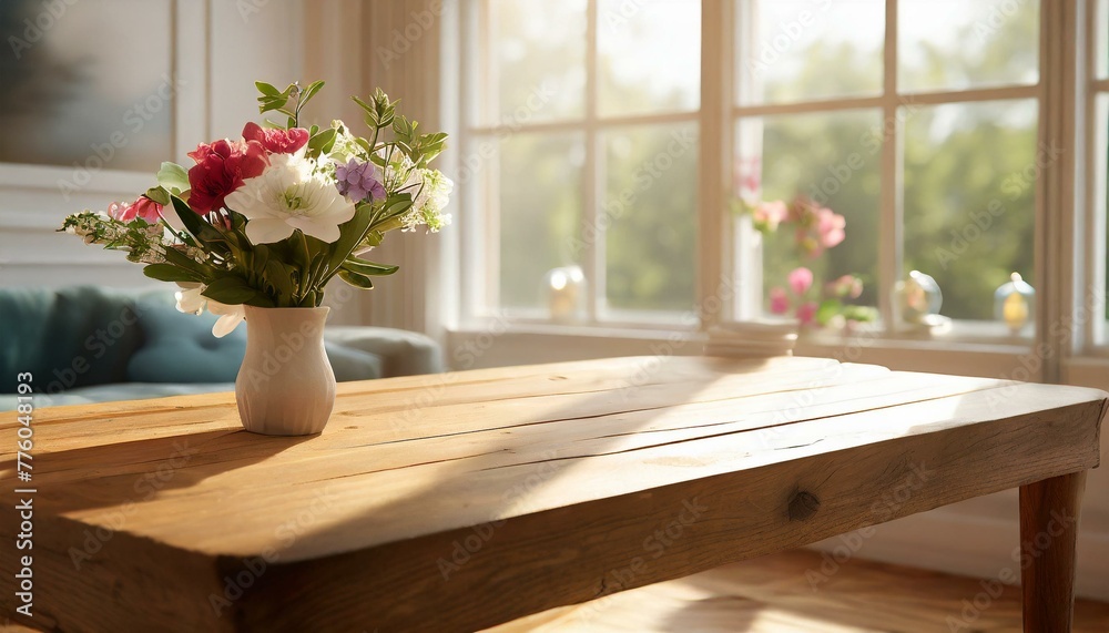Close-up an empty wooden table a sunlit living room, windows that bathe the space in natural light, light wooden table with fresh flowers, bouquet of flowers