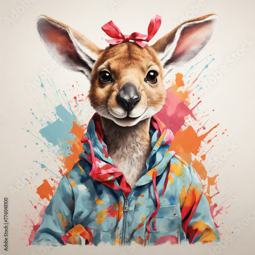 Adorable drawing of a funny kangaroo. Retro t-shirt art style painting at white background