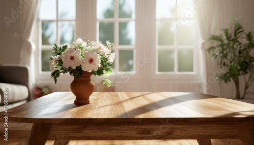 table and flowers, Close-up an empty wooden table a sunlit living room, windows that bathe the space in natural light, light wooden table with fresh flowers,