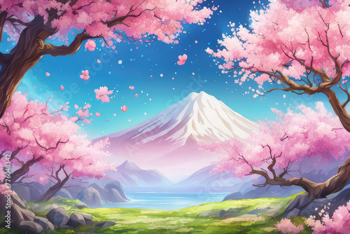 Beautiful fantasy spring natural landscape and cherry blossom tree animation background in Japanese anime watercolor painting illustration style. seamless looping animated video
 photo