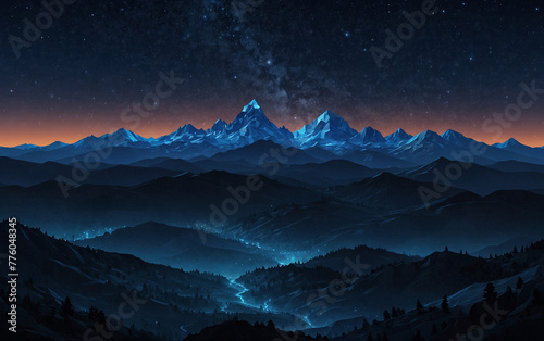 Abstract mountain valley. Low poly blue digital landscape with mountains and starry sky. Vector template with text blank in the center of banner. Low poly wireframe vector illustration with 3D effect,