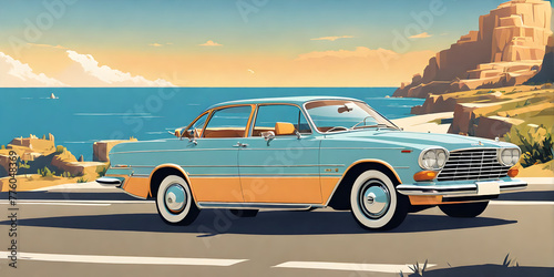 1980s car cruising along Italian coastline: minimalist summer scene
