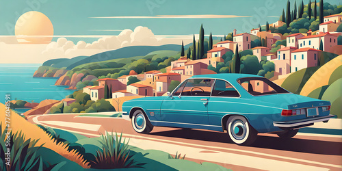 1980s car cruising along Italian coastline: minimalist summer scene