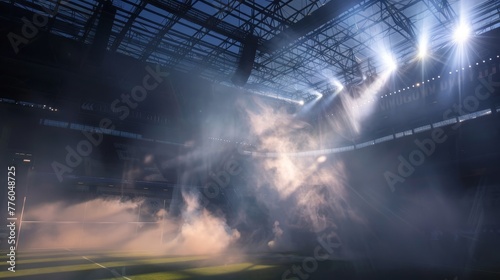 Glowing beams lighting up the stadium in a haze of s AI generated illustration © ArtStage