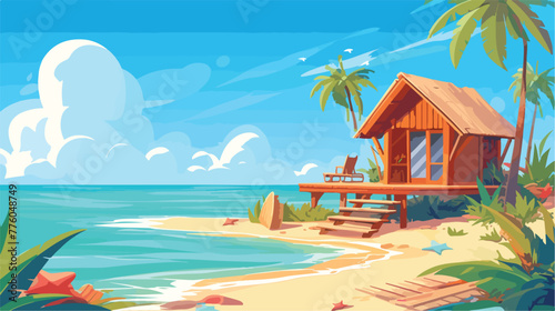 Wooden hut on the beach illustration 2d flat cartoo