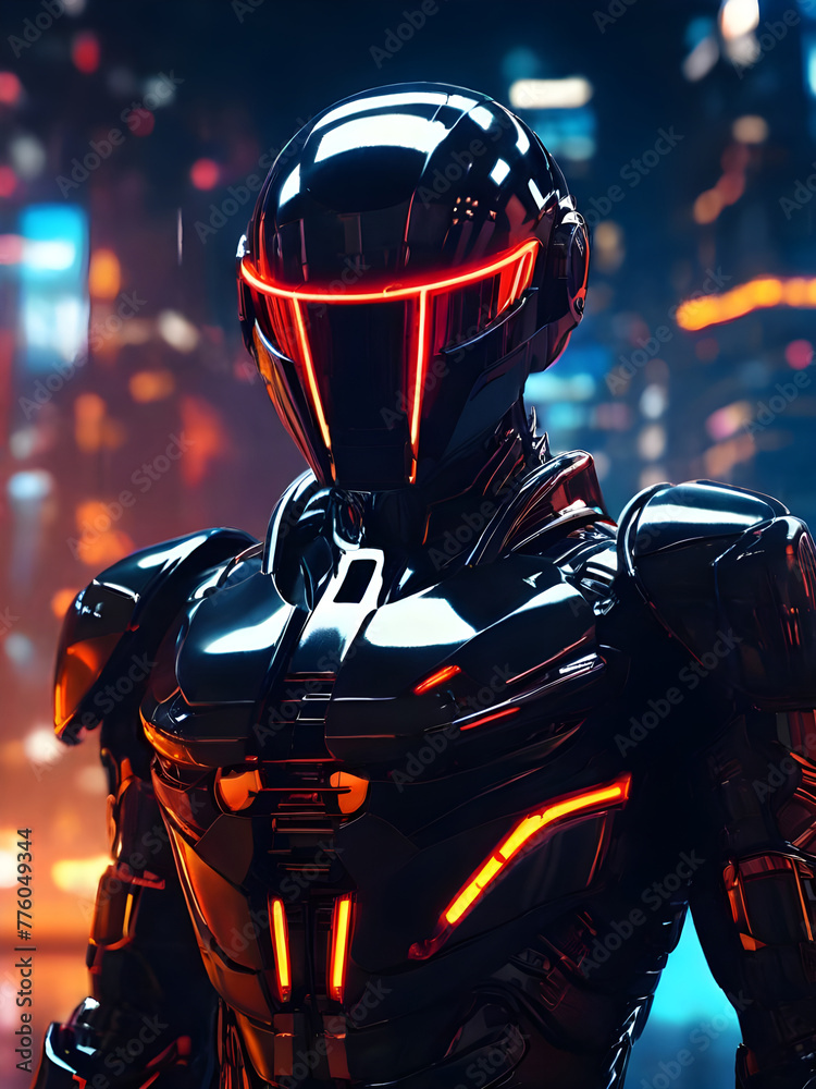 Futuristic robot in black strong fit armor with red glowing lights, the background is a neon grid simulation virtual digital world.