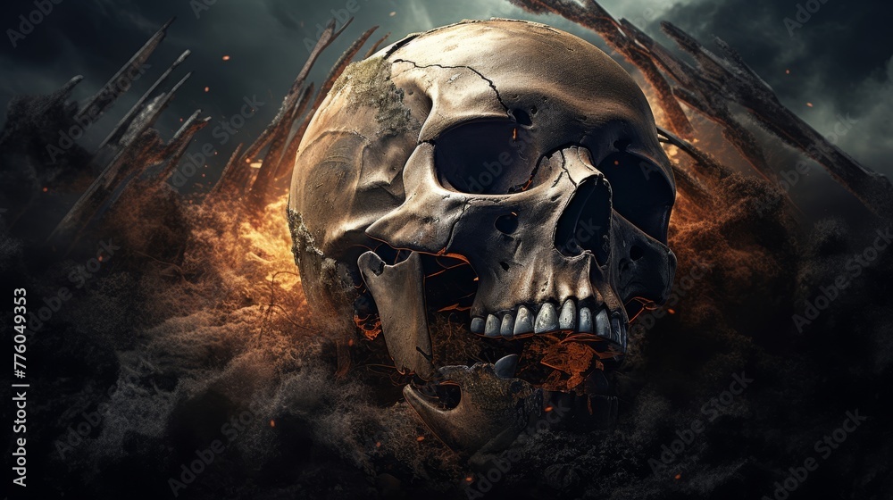 A rotted skull with bones, with the remains of earth. - obrazy, fototapety, plakaty 