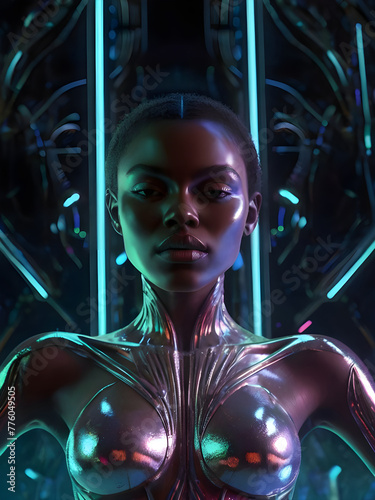Portrait of a beautiful black woman as the futuristic Science fiction human robot with a touch of surrealism. © Natasa