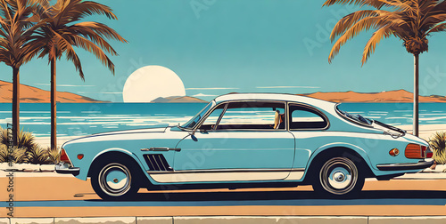 1980s car cruising along Italian coastline: minimalist summer scene