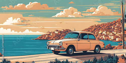 1980s car cruising along Italian coastline: minimalist summer scene