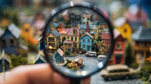 Marveling at the colorful and detailed miniature homes through a magnifying glass AI generated illustration