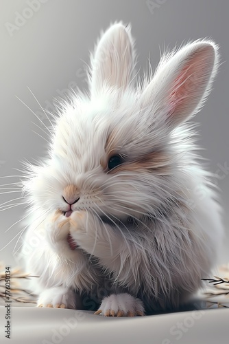 Realistic photo shot portrait of cute little white rabbit for wall art, home decor, background, wallpaper