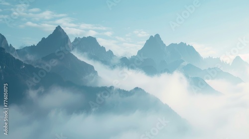 Mountain peaks looming through the morning fog  AI generated illustration photo