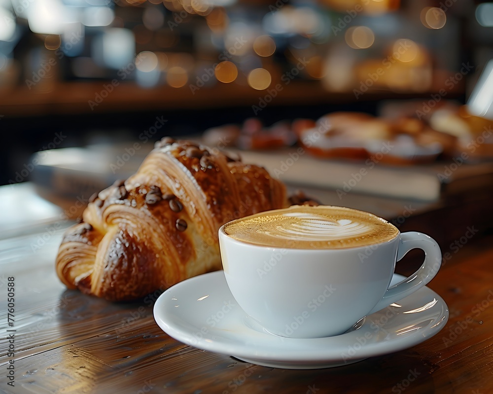 Inviting Coffee and Croissant on Rustic Bakery Counter with Soft Lighting and Blurred Background Inviting Coffee and Croissant on Rustic Bakery Counter with Soft Lighting and Blurred Background