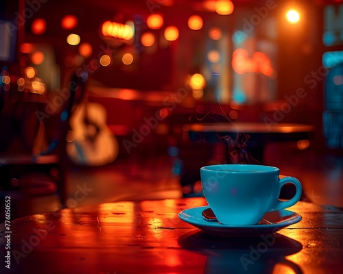 Cozy Coffee Cup in a Dimly Lit Jazz Club Enhancing the Musical Ambiance