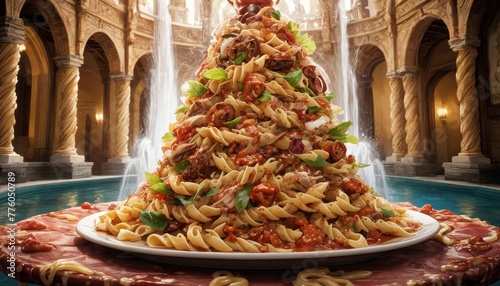 An impressive mountain of pasta rises majestically on a large plate, set against a luxurious fountain and classical architecture, showcasing a feast for the eyes. photo