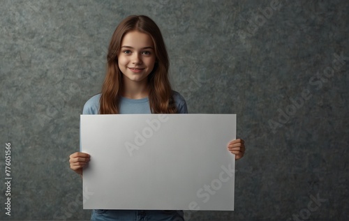 woman holding a blank sign, Cute Teenage Girl Holding Banner in Studio . very realistic, 8k quality, hyper realistic, ultra realism
