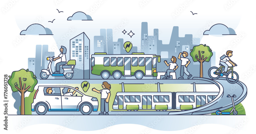 © VectorMine - Sustainable transportation with green energy source usage outline concept, transparent background.Alternative, renewable and nature friendly transport for city mobility services illustration.