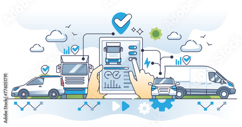 Fleet management system or FMS as logistic trucks software outline concept, transparent background. Company car, trailer or freight control with digital application illustration.