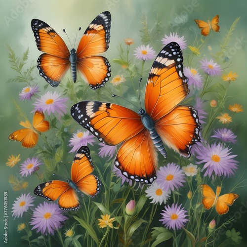 delicate wildflowers and orange butterflies painted with oil paints