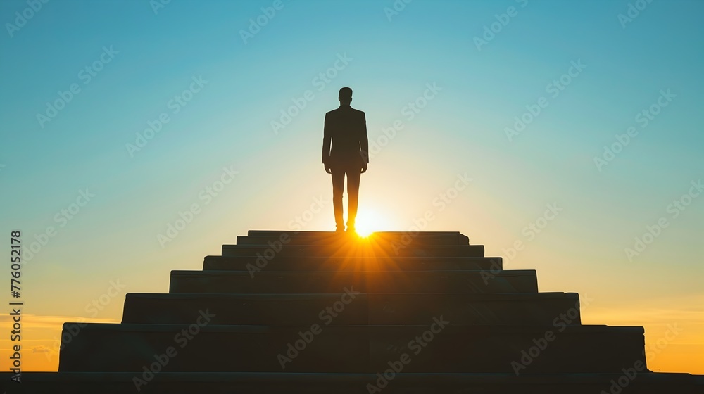 Silhouetted Figure Ascending Stairs Towards Glowing Horizon,Symbolic of Vision and Leadership Silhouetted Figure Ascending Stairs Towards Glowing Horizon,Symbolic of Vision and Leadership