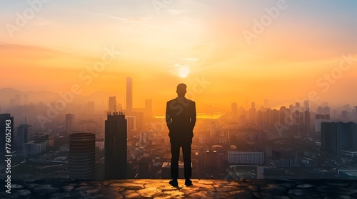 Confident Silhouette Overlooking Urban Skyline at Sunrise,Contemplating Strategic Decisions and Career Possibilities