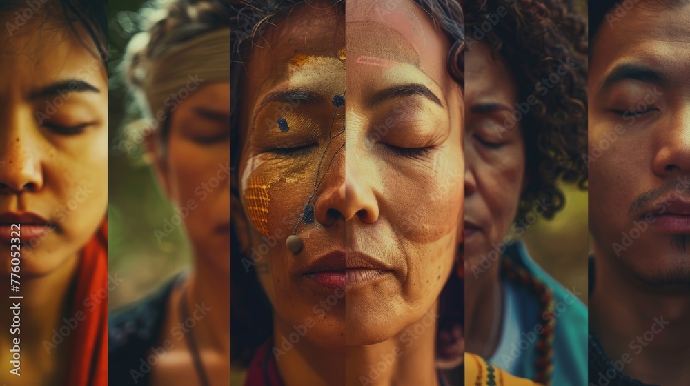 A series of close-up images showcasing diverse individuals meditating in various environments A series of close-up images showcasing diverse individuals meditating in various environments