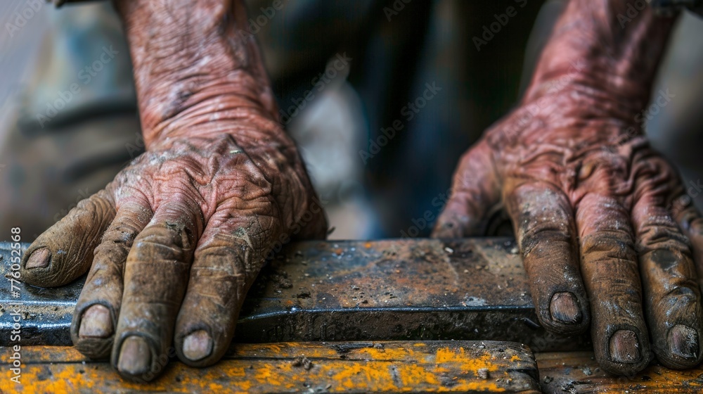 A close-up of calloused hands resting on a well-used tool, symbolic of hard work
