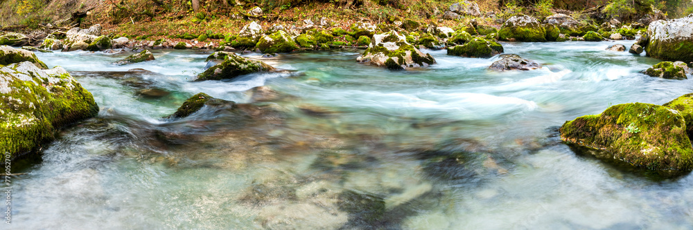 Panoramic photo of the wild river Loisach in Bavaria