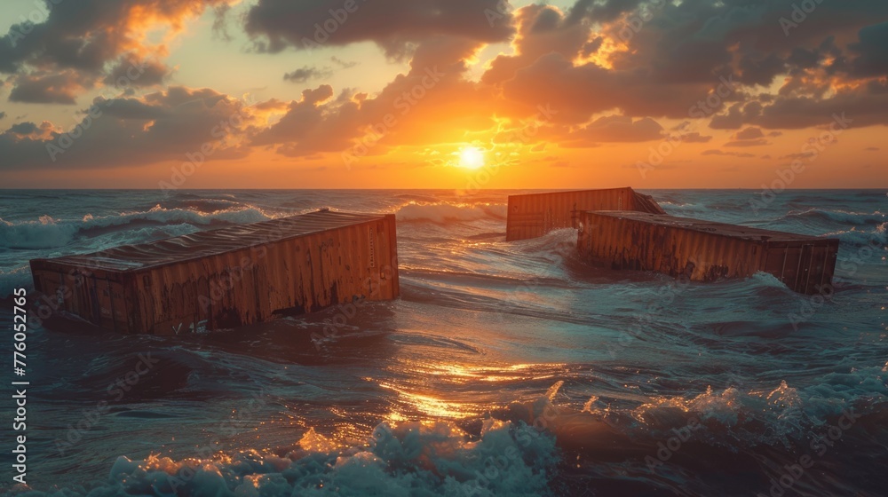 Naklejka premium floating cargo containers from logistic cargo ship with wave after big storm.