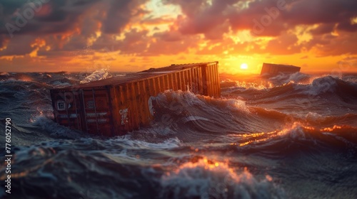 floating cargo containers from logistic cargo ship with wave after big storm.