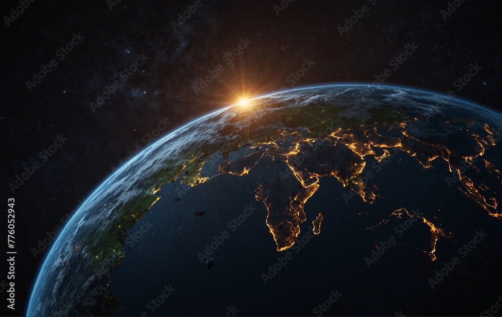 Obraz premium Earth in space low poly art illustration. 3d polygonal sunrise over planet. Cosmos exploration concept with connected dots and lines on dark backdrop. Solar system body vector color wireframe mesh 
