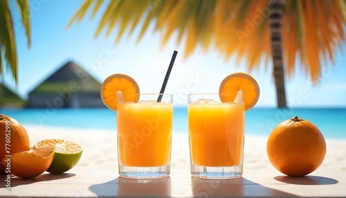 On a sunny beach day, two glasses of refreshing citrus juice with an umbrella and a straw, accompanied by vibrant oranges and stylish sunglasses, create a perfect setting for a tropical cocktail
