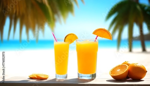 On a sunny beach day, two glasses of refreshing citrus juice with an umbrella and a straw, accompanied by vibrant oranges and stylish sunglasses, create a perfect setting for a tropical cocktail