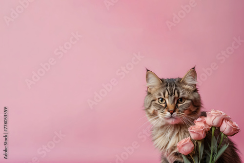 tabby haired cat holding a bouquet of flowers in her hands. Suitable for Valentine's Day, Anniversary, Birthday, Surprise, love, wedding, Romantic backgrounds