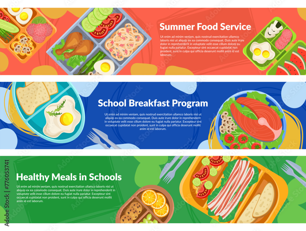 School breakfast summer food service banner design template set vector flat illustration