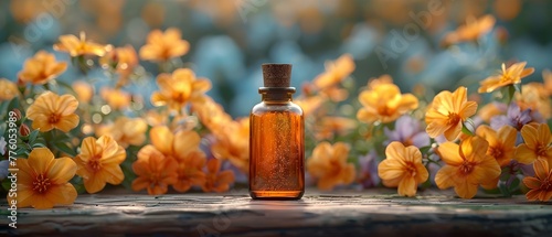 St Johns Wort tincture bottle on wooden surface in closeup. Concept Herbal Remedies, St, John's Wort, Tincture Bottle, Close-Up Photography, Wooden Surface photo