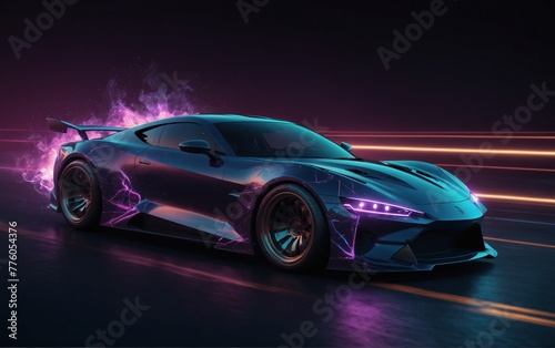 Futuristic drift car in motion with neon fast lines and abstract smoke. High speed concept in technological blue purple colors. Sport car is made of polygons, lines and connected dots. Digital auto,  © Евгения Жигалкина