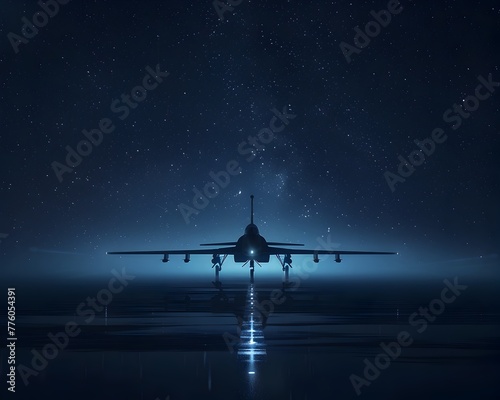 Stealthy Military Jet on Nighttime Mission Amid Starry Sky and Reflected in Waters Below