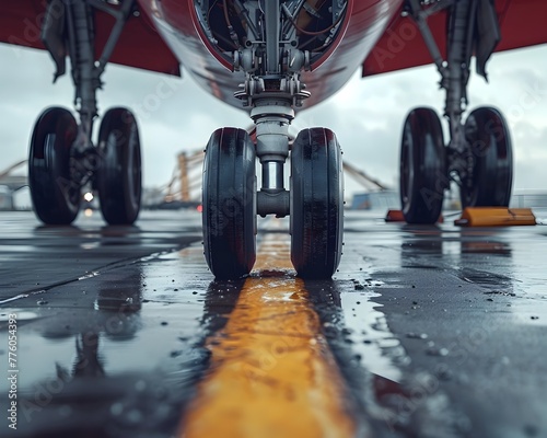 the thrilling moment of an airplane s landing gear touching down on the glistening runway photo