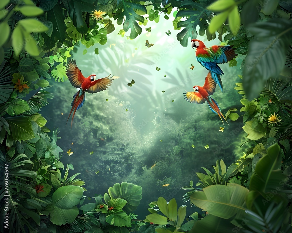 Lush Rainforest Canopy Filled with Vibrant Exotic Birds Ideal for Eco Tourism and Outdoor Adventure Gear