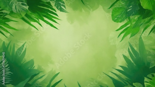 Tropical forest background, border made of tropical leaves with empty space in center