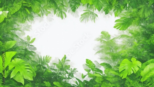 Tropical forest background, border made of tropical leaves with empty space in center