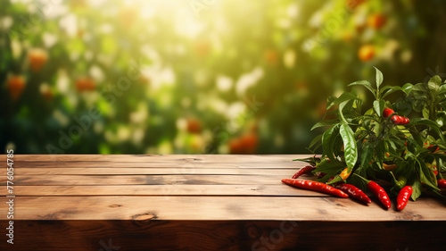 A vibrant assortment of red and green chillies spills across a rustic wooden table, set against a backdrop of lush garden foliage, embodying the spice of harvest season.