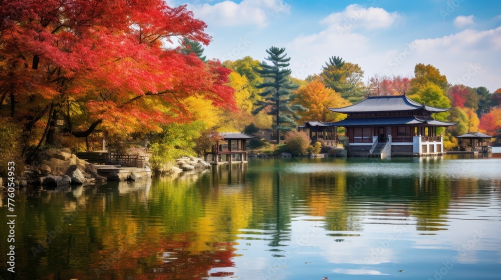 Asian landscape, a tranquil lake reflects the vibrant colors of autumn foliage. Asian landscape, a tranquil lake reflects the vibrant colors of autumn foliage.