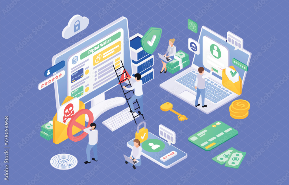 Payment e money isometric vector illustration. Secure payment isometric composition vector illustration Payment e money isometric vector illustration. Secure payment isometric composition vector illustration