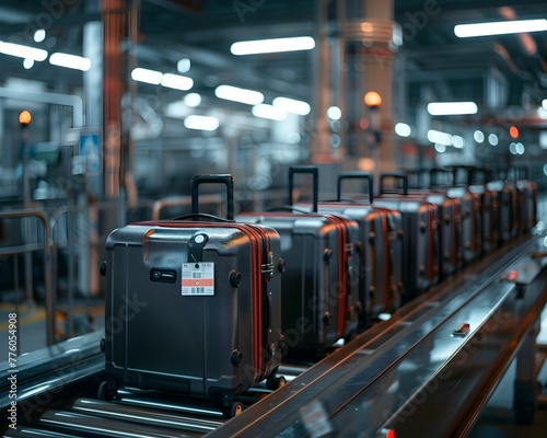 rows of sturdy tagged suitcases and luggage lined up neatly on a conveyor belt within an airport terminal photo