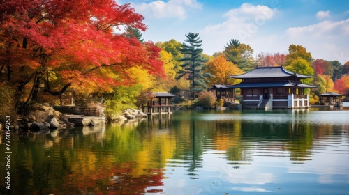 Asian landscape, a tranquil lake reflects the vibrant colors of autumn foliage.